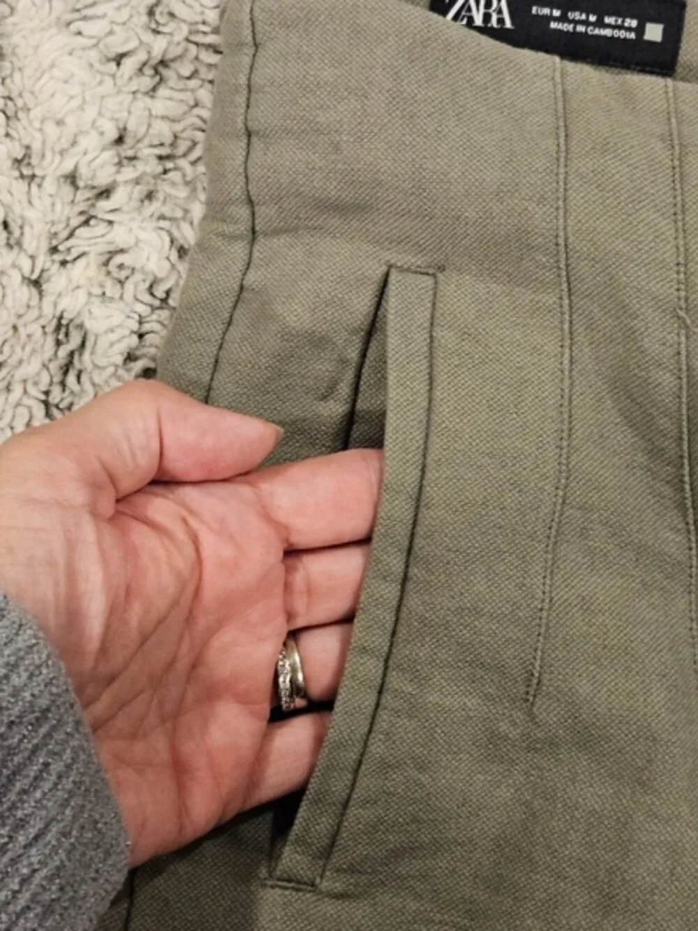 Zara SZ M Olive Green Linen Blend Wide Straight Leg Pants Hip Pockets